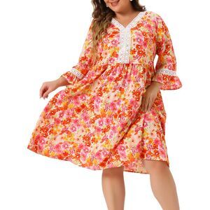 Plus Size Vintage Lace Floral Ruffle 3/4 Sleeve Midi Dress Orange